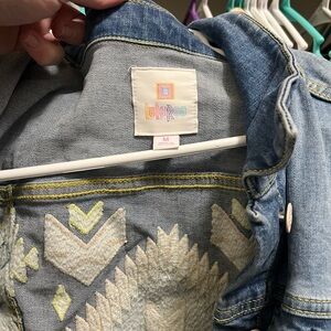 LuLaRoe Light Blue Denim Jacket with Yellow Embroidery